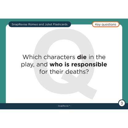 Educational flashcard by SnapRevise with a Romeo and Juliet theme, featuring key questions about character deaths.

