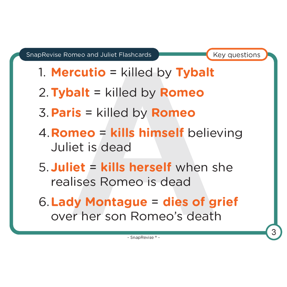 Romeo and Juliet flashcards by SnapRevise with key questions for revision, shown against a teal frame.
