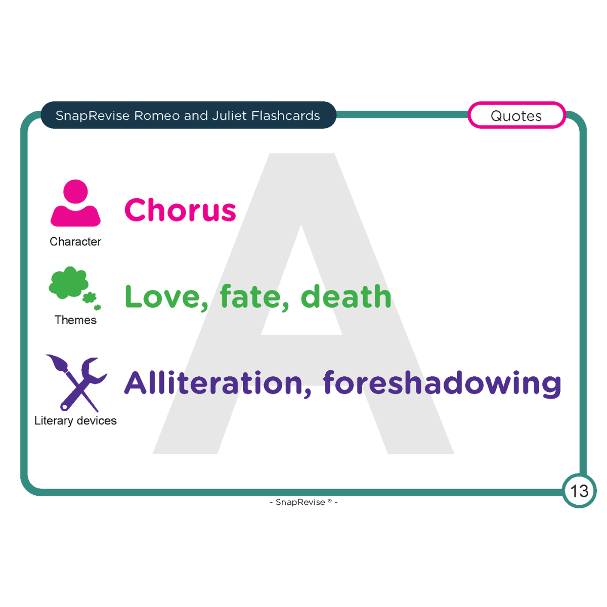 Educational Romeo and Juliet flashcards by SnapRevise showing themes, characters, and literary devices.