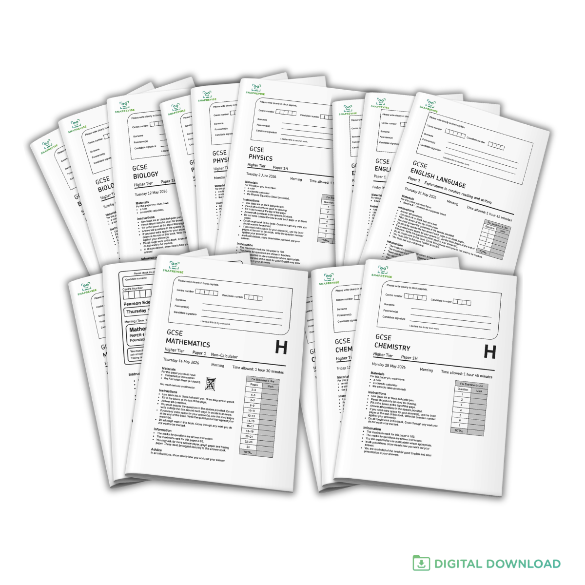 Collection of GCSE exam papers on a white background
