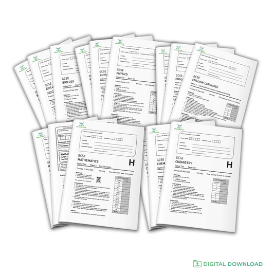 Collection of GCSE exam papers on a white background